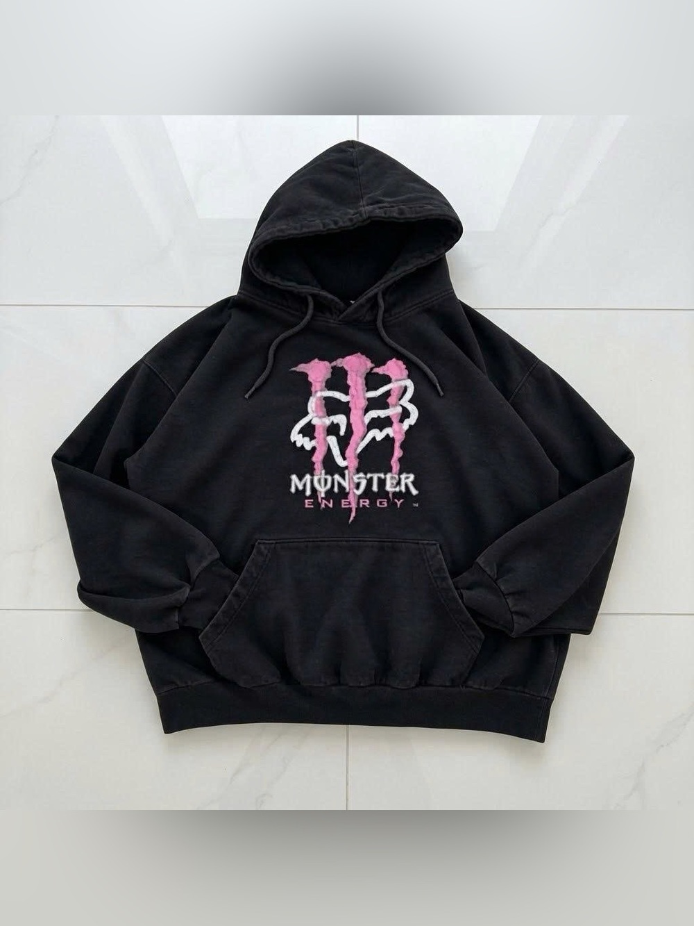 Vintage Black Hoodie with Pink Monster Energy Claw Logo